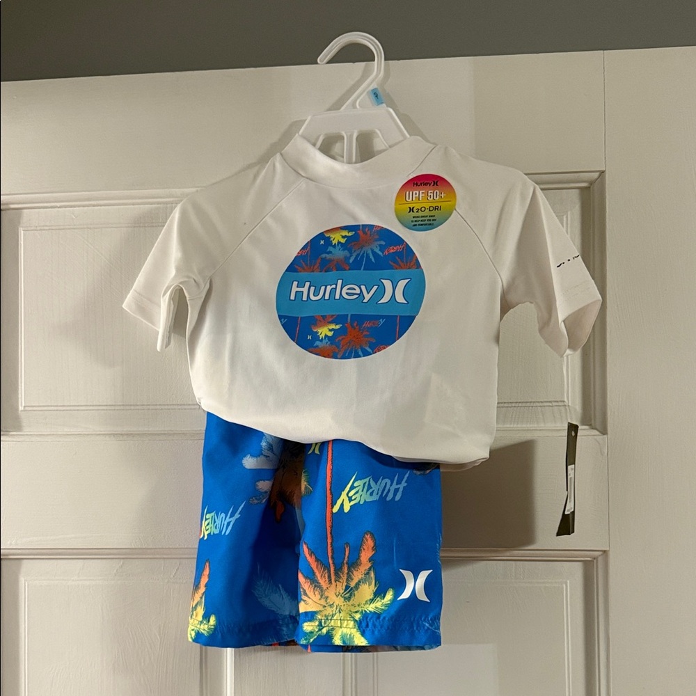 Hurley White Tee and Blue Palm Shorts